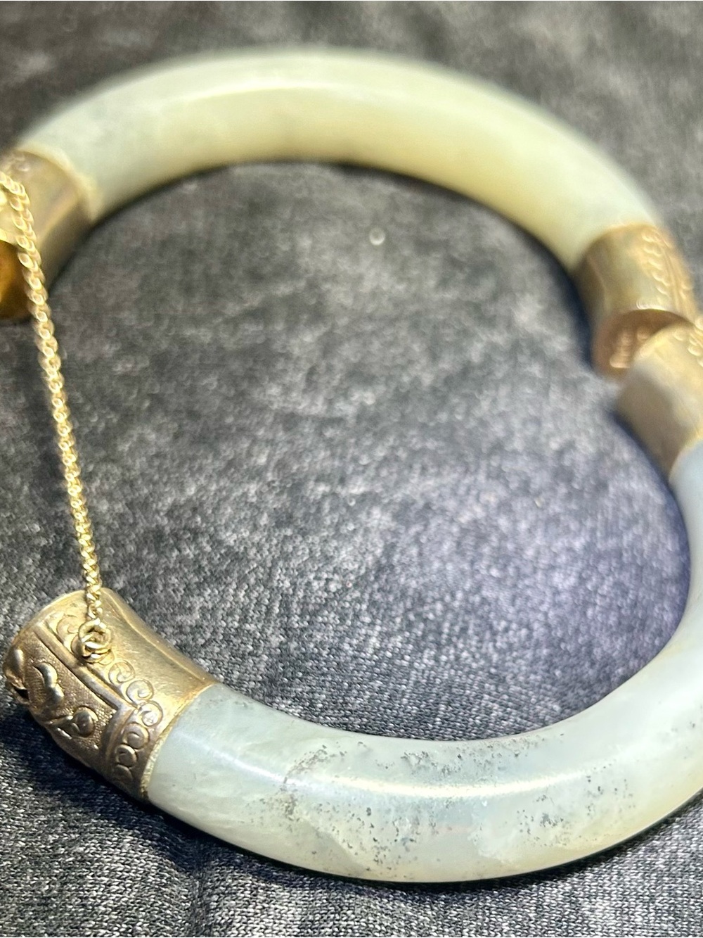 Vintage Chinese Export Pale Greenish Jade Bracelet Gold-Washed Silver 65.4g